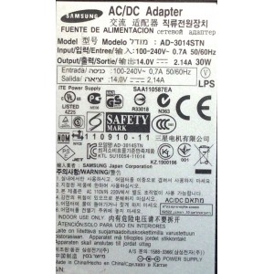 CARGADOR / ADAPTADOR DE FUENTE DE ALIMENTACION AC/DC SAMSUNG / NUMERO DE PARTE AD-304STN / SAA110587EA / ENTRADA VCA 100-240V~ 0.7A 50/60HZ / SALIDA VCD 14.0V 2.14A / 30W / MODELO AD-304STN / S22B300N / S22B300B / S22B300H